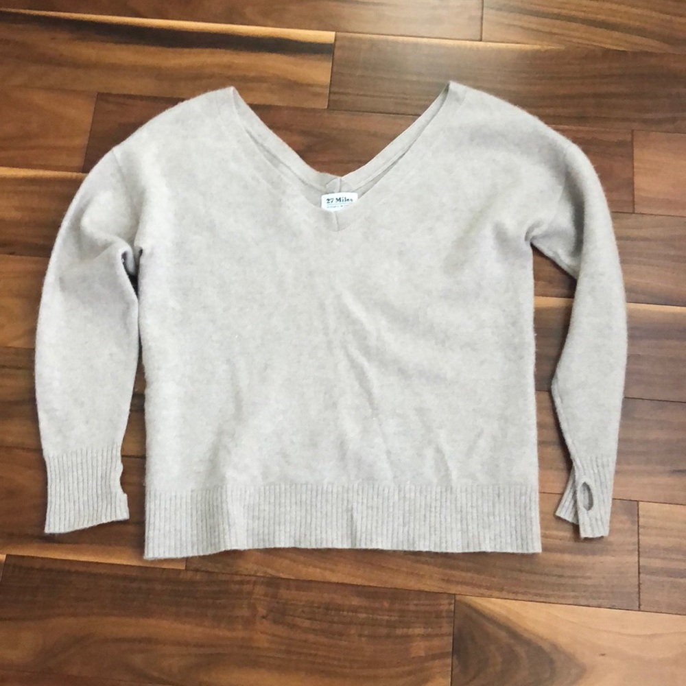 27 MILES CASHMERE DOUBLE VNECK SWEATER THUMB HOLES WHEAT COLOR